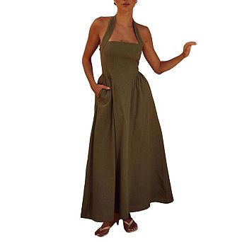 Womens Halter Neck Maxi Dress Sleeveless Backless Flowy Long Dress Summer Beach Wedding Guest