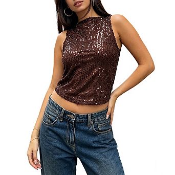 Women Sequin High Neck Sleeveless Top Night Out Slim Crop Blouse