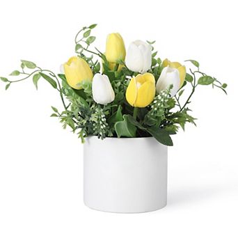Premium Real Touch PU Artificial Tulips with Ceramic Pot for Home Wedding Table Centerpiece