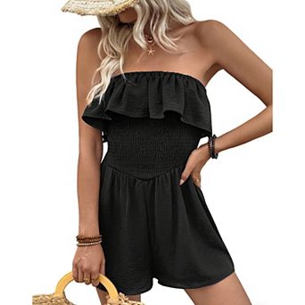 Women's Smocked Ruffle Wide Leg Boho Romper Strapless Summer Casual Jumpsuit Sleeveless Short Outfit