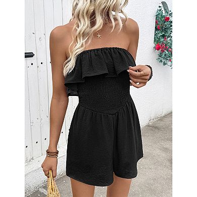 Women's Smocked Ruffle Wide Leg Boho Romper Strapless Summer Casual Jumpsuit Sleeveless Short Outfit