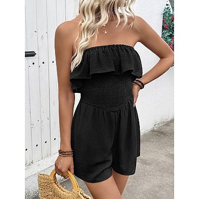 Women's Smocked Ruffle Wide Leg Boho Romper Strapless Summer Casual Jumpsuit Sleeveless Short Outfit