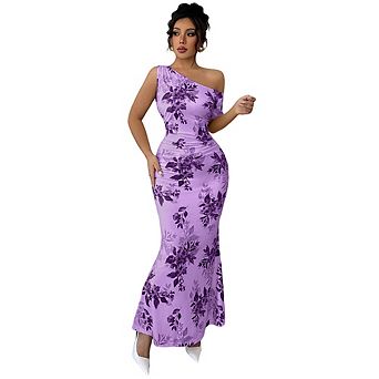 Womens One Shoulder Bodycon Maxi Dress Summer Ruched Floral Beach Cocktail Party Fishtail Dress