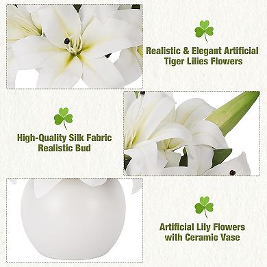 Artificial Lily Flowers with Ceramic Vase, Faux Floral Arrangement for Table Decor, Wedding