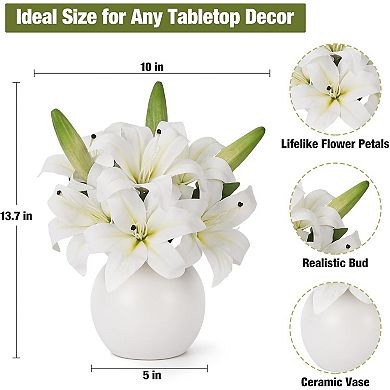 Artificial Lily Flowers with Ceramic Vase, Faux Floral Arrangement for Table Decor, Wedding