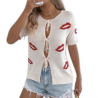 Women Casual Lip Print Knit Top Lace-Up Short Sleeve Keyhole Valentine Blouse