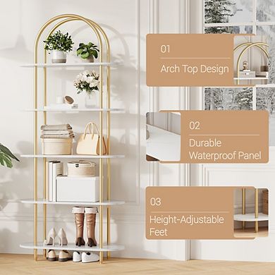 Arched Bookshelf, 5-Tier Freestanding Metal Frame Bookcase with Adjustable Feet