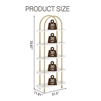 Arched Bookshelf, 5-Tier Freestanding Metal Frame Bookcase with Adjustable Feet