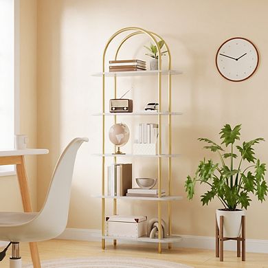 Arched Bookshelf, 5-Tier Freestanding Metal Frame Bookcase with Adjustable Feet