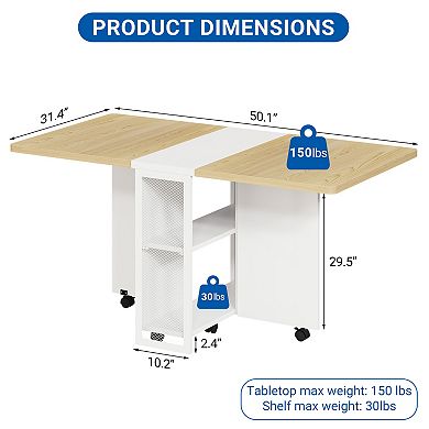 Folding Dining Table, 4 Storage Shelf, 6 Wheels, Multifunctional Expandable Kitchen Drop Leaf Table