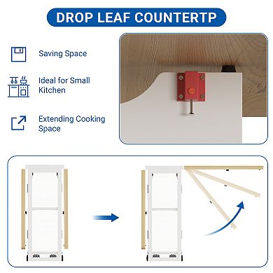 Folding Dining Table, 4 Storage Shelf, 6 Wheels, Multifunctional Expandable Kitchen Drop Leaf Table