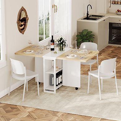 Folding Dining Table, 4 Storage Shelf, 6 Wheels, Multifunctional Expandable Kitchen Drop Leaf Table