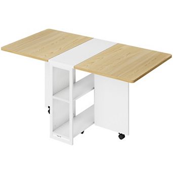 Folding Dining Table, 4 Storage Shelf, 6 Wheels, Multifunctional Expandable Kitchen Drop Leaf Table