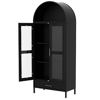 Arched Bookcase Storage Cabinet with Glass Doors, Adjustable Shelves & Large Drawer