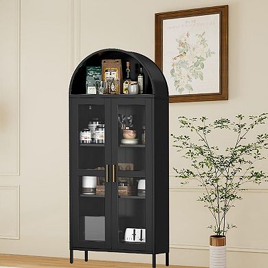 Arched Bookcase Storage Cabinet with Glass Doors, Adjustable Shelves & Large Drawer