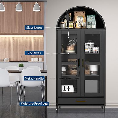Arched Bookcase Storage Cabinet with Glass Doors, Adjustable Shelves & Large Drawer