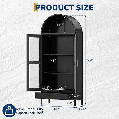 Arched Bookcase Storage Cabinet with Glass Doors, Adjustable Shelves & Large Drawer