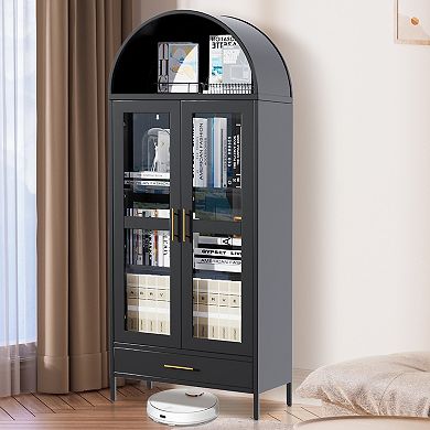 Arched Bookcase Storage Cabinet with Glass Doors, Adjustable Shelves & Large Drawer