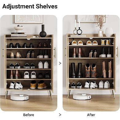 Rattan Shoe Cabinet with Doors, 6-Tier Shoe Storage Cabinet with Adjustable Shelves for Entryway