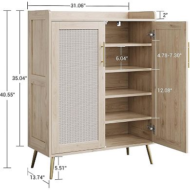 Rattan Shoe Cabinet with Doors, 6-Tier Shoe Storage Cabinet with Adjustable Shelves for Entryway