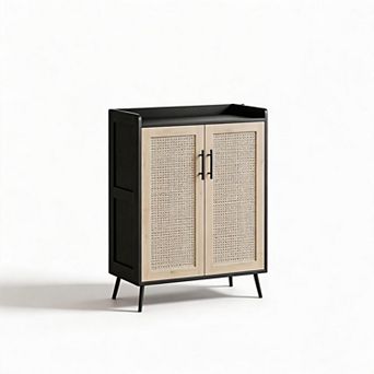 Rattan Shoe Cabinet with Doors, 6 tier Shoe Storage Cabinet with Adjustable Shelves for Entryway