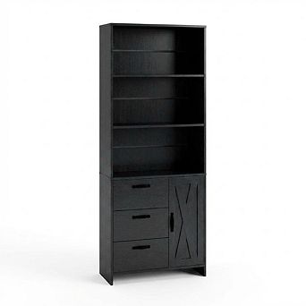 6 tier Bookshelf with Door and 3 Drawers, Wooden Book Shelf with Storage Cabinet