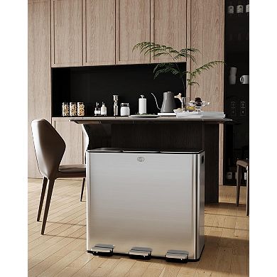 Trash Can with Lid, 15 Gallons Foot Step Stainless Steel Triple 5-Gallon Compartments Trash