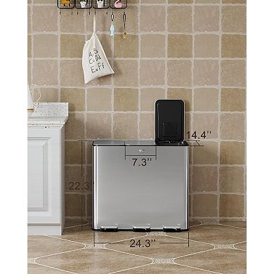 Trash Can with Lid, 15 Gallons Foot Step Stainless Steel Triple 5-Gallon Compartments Trash