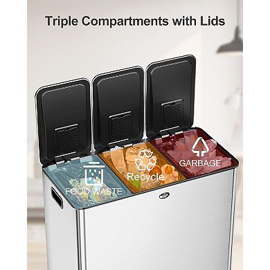 Trash Can with Lid, 15 Gallons Foot Step Stainless Steel Triple 5-Gallon Compartments Trash