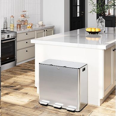 Trash Can with Lid, 15 Gallons Foot Step Stainless Steel Triple 5-Gallon Compartments Trash