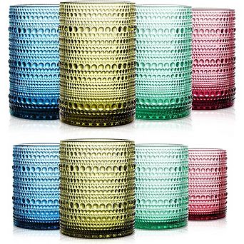 Hobnail Vintage Glasses Set of 8, Highball & Rocks Glasses, 1114 oz, 4 Colors