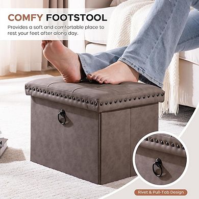 Foldable Leather Storage Ottoman Cube, Button-Tufted, Padded Footstool