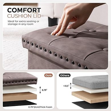 Foldable Leather Storage Ottoman Cube, Button-Tufted, Padded Footstool