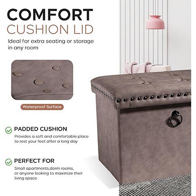 Foldable Leather Storage Ottoman Cube, Button-Tufted, Padded Footstool