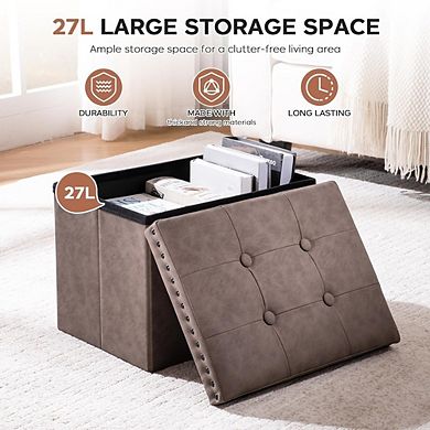 Foldable Leather Storage Ottoman Cube, Button-Tufted, Padded Footstool