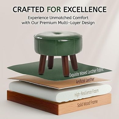 Round Faux Leather Foot Stool Ottoman, Non-Skid Legs, Multi-Use