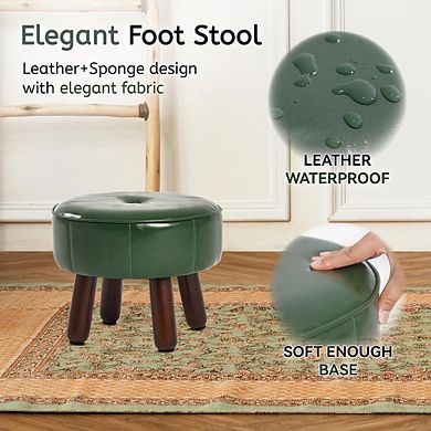 Round Faux Leather Foot Stool Ottoman, Non-Skid Legs, Multi-Use