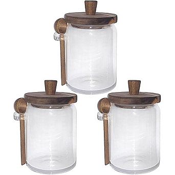 Glass Food Storage Jar Set with Wooden Lids and Scoop, 3 Pack