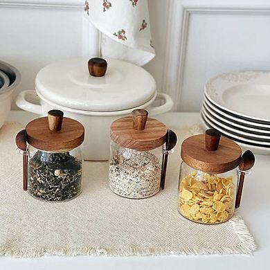 Glass Food Storage Jar Set with Wooden Lids and Scoop, 3 Pack