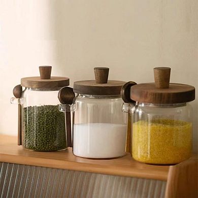 Glass Food Storage Jar Set with Wooden Lids and Scoop, 3 Pack