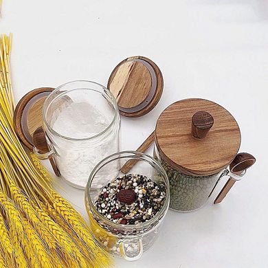 Glass Food Storage Jar Set with Wooden Lids and Scoop, 3 Pack
