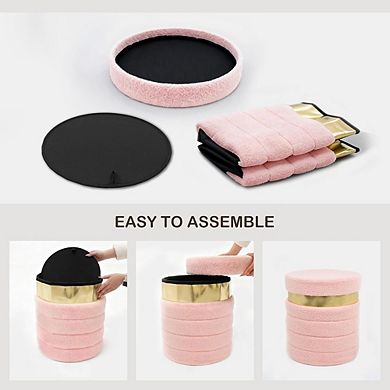 Foldable Round Boucle Storage Ottoman, Padded Footstool, Multi-Use