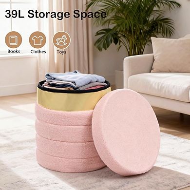 Foldable Round Boucle Storage Ottoman, Padded Footstool, Multi-Use