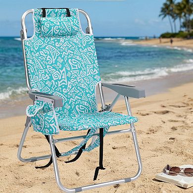 Foldable Beach Chair, 5-Position Adjustable Reclining Lounge Chair with Side Pocket, Back Cooler Bag