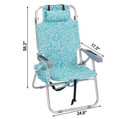 Foldable Beach Chair, 5-Position Adjustable Reclining Lounge Chair with Side Pocket, Back Cooler Bag