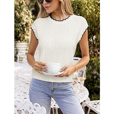 Women's Solid Color Short Sleeve Sweater with Contrast Trim Crewneck Knit Top