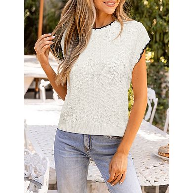 Women's Solid Color Short Sleeve Sweater with Contrast Trim Crewneck Knit Top