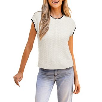 Women's Solid Color Short Sleeve Sweater with Contrast Trim Crewneck Knit Top