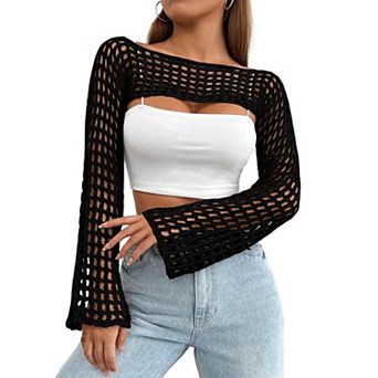 Women's Crochet Beach Cover Up Long Sleeve Lightweight Cropped Sweater