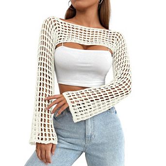 Women's Crochet Beach Cover Up Long Sleeve Lightweight Cropped Sweater
